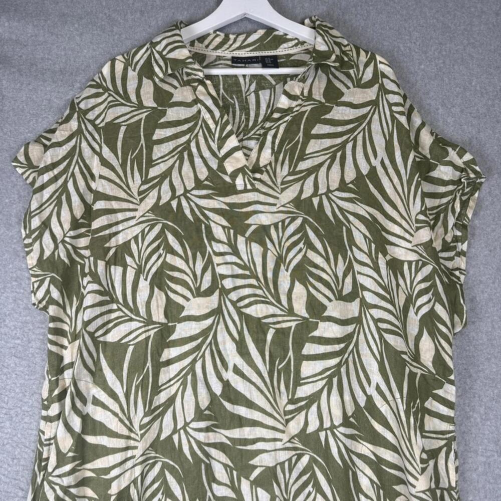 Tahari Linen Green and White Leaf Print Midi Dress Linen Blend Women's Size XL - Picture 2 of 8